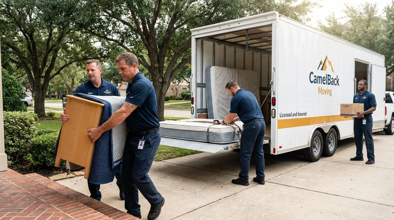Crew loading residential truck for cross-state move from Saint Charles, MN