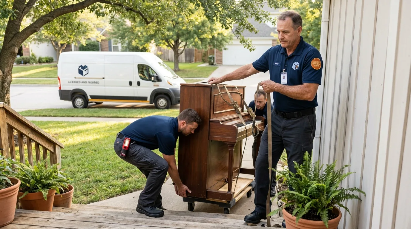 Licensed piano movers securing grand piano in Saint Charles, MN