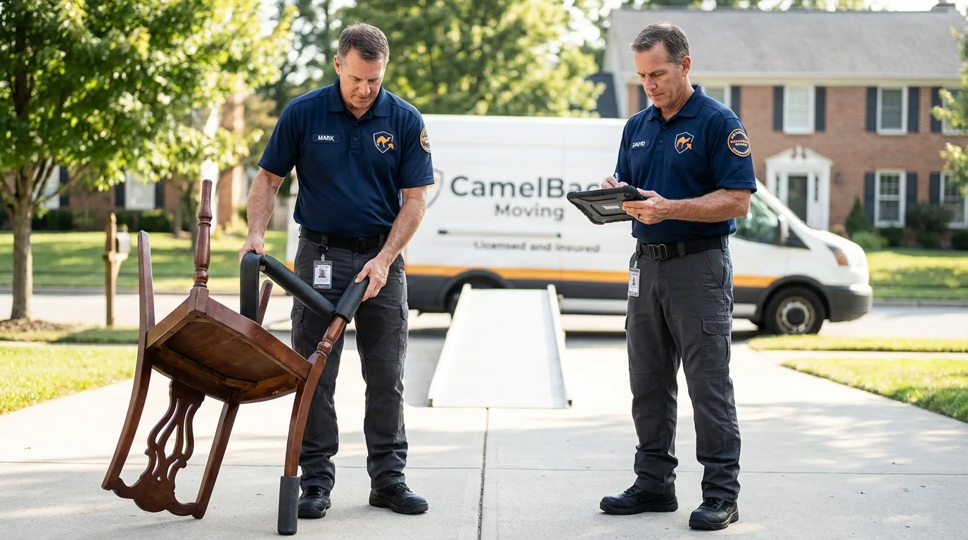 Movers inspecting furniture for damage prevention before loading in Saint Charles, MN