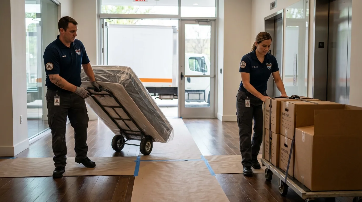 Professional apartment movers loading elevator in Saint Charles, MN