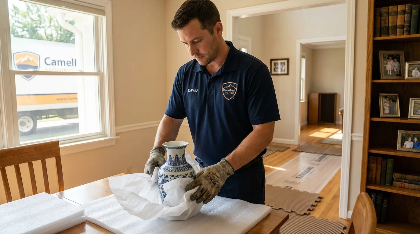 Professional crew carefully wrapping antique vase for senior downsizing move in Saint Charles, MN